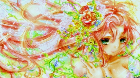 Flowers - beauty, girl, roses, white, multicolor, yellow, pink, beautiful, anime, green, colors, sweet, flowers, cute, flower