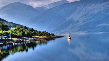 boat on a lake - village, lake, clouds, shore, mountains, boat