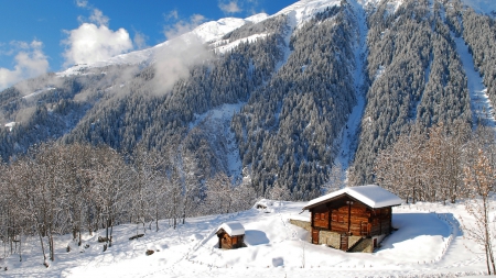 marvelous mountain chalet in winter - clouds, winter, forest, chalet, mountain