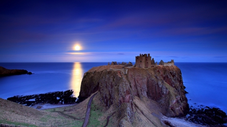 moon over castle ruins on a coastal cliff - moon, ruins, cliff, castle, sea, coast