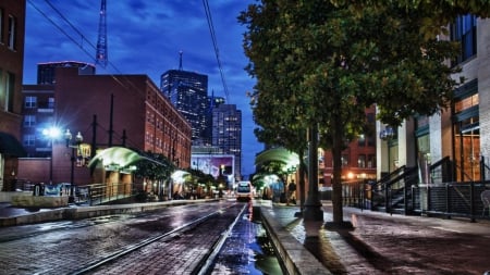 city tram in dallas at night hdr - stree, cobblestones, tram, night, city, tracks, hdr, lights