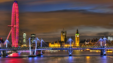 superb view of london at night hdr - river, tower, hdr, city, ferris wheel, bridge