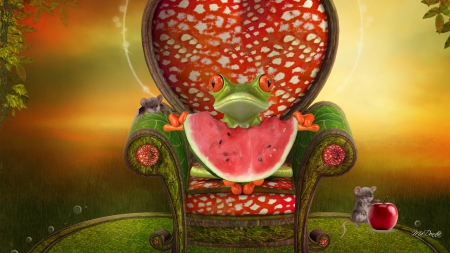 Fruits of Summer - whimsical, mouise, chair, throne, watermelon, cute, apple, mice, frog