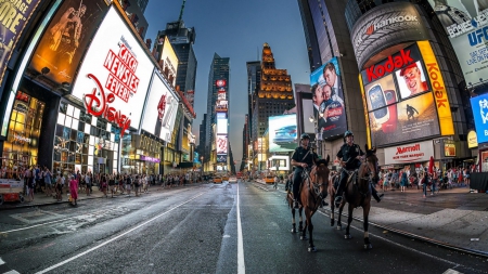 mounted police in times square nyc - street, horses, ads, police, city