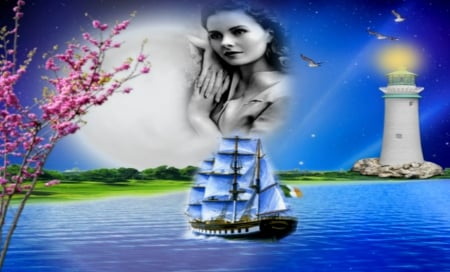 Full Moon - flowers, lighthouse, beautiful, ship, cute, ocean, full moon