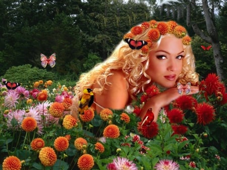 Floral Dream - trees, field, fantasy, black, yellow, orange, green, golden, garden, birds, butterflies, girl, peach, floral, forest, red, blue, pink, flowers, blonde