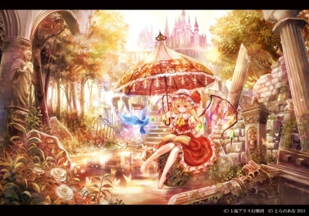 Flandre Scarlet - flandre scarlet, trees, ruins, umbrella, city, cant think of a fourth, bird