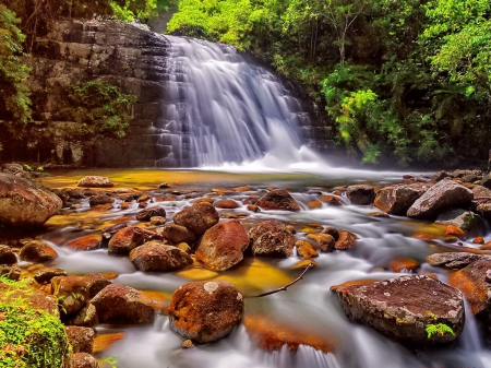 Waterfall - calm, quiet, falling, trees, beautiful, stream, forest, lovely, stones, harmony, fall, nature, waterfall, nice, rocks