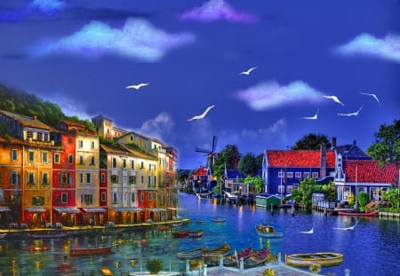 Evening in Portofino - nice, sky, italy, dock, water, port, painting, art, evening, portofino, dusk, birds, lake, boats, gondola, night, summer, canal, sinner, lovely, nature, village, restaurant, pier, town, romantic, photoshop, beautiful, twilight, mix