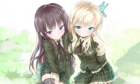 School Girls - girls, beauty, butterfly, beautiful, anime, uniform, sweet, grass, cute