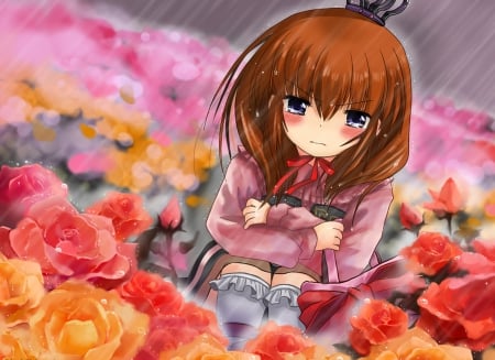 Crying - tears, roses, anime, beautiful, crown, girl, beauty, pink, orange, sweet, cry, flowers, red, cute