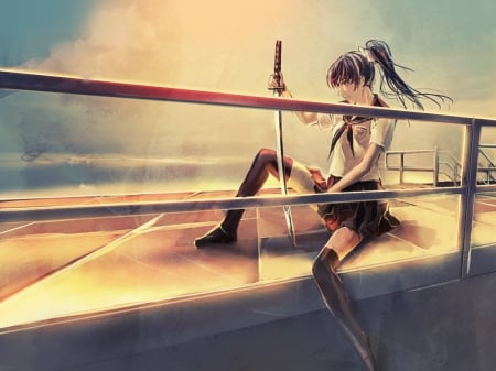 Katana - skirt, female, anime girl, lovely, unifrom, art, cool, katana, sword