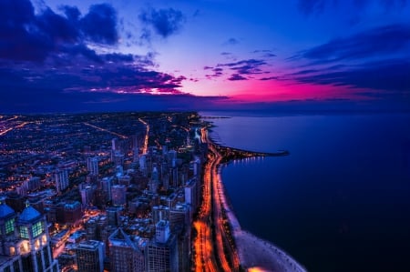 Chicago after Sunset - usa, lights, lake, colors, city, sky