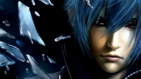 Breaking glass - blue hair, red eyes, glass, final fantasy