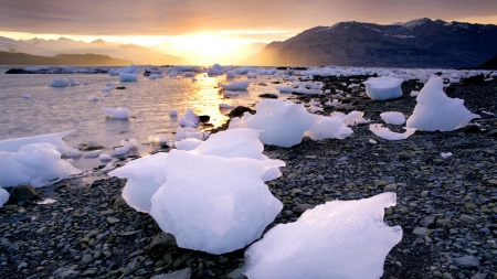 GLACIAL BREAKOFFS - photos, reflections, winter, water, snow, travel, sunrise, alaska, ocean, ice, sunset, landscapes, bay