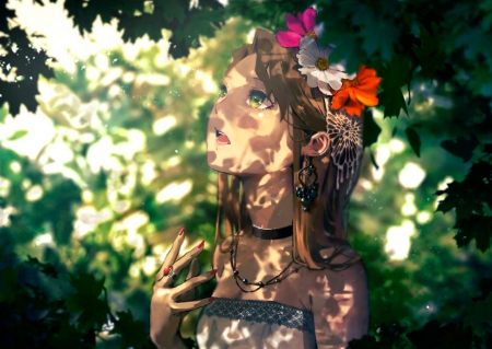 Beauty ~ Anime Girl - flowers, Beauty, dress, brown hair, nie, art, tree