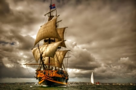 Sailboat - clouds, large, water, ocean, sailboats, shadow, boats, nature, sky