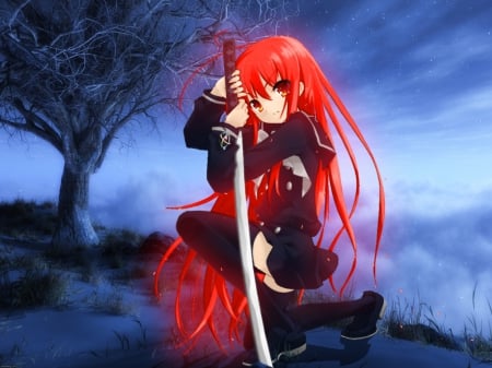 shana beutifull warior - beauty, beutifull, female, magic, anime girl, fantasy, fire, red eyes, clouds, anime, sword, tree, schoolgitl, shana, nihgt, stars, girl, long hair, shakugan no shana, red hair, school uniform, beautiful, schoolgirl, weapon, warior