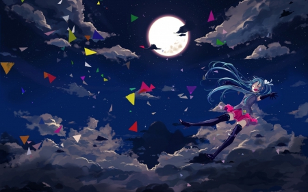 Hatsune Miku - moon, hatsune miku, sky, falling, clouds, night, colorful, paper