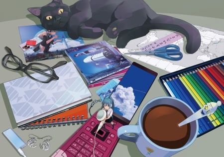 Mini Hatsune Miku - cell phone, glasses, anime girl, colored pencils, art, cool, phone, pictures, anime, hatsune miku, neko, small miku, cat, kitty, lovely, picture, tiny, coffe, vocaloid, books, cds