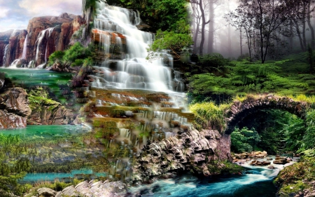 scenic nature collage - nature, fun, collage, forest, waterfall