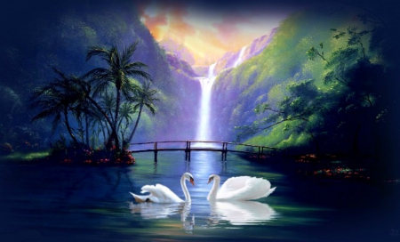 Romantic Waterfall - swans, trees, artwork, river, water, mountains, waterfall, bridge