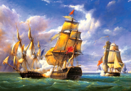 Sea battle - storm, clouds, water, beautiful, sea, frigates, ocean, battle, painting, waves, ships, art, sky