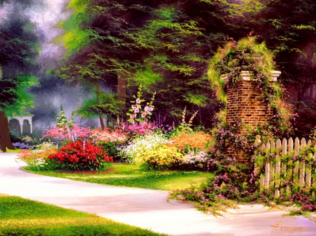 Garden paradise - nice, trees, paradise, colroful, spring, painting, art, blossoms, pretty, alleys, garden, blooming, fresh, summer, lovely, nature, beautiful, flowers