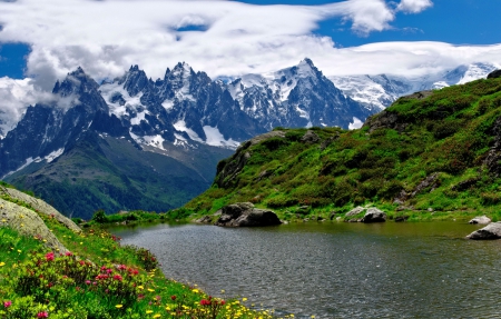 Mountain river - nice, lake, sky, mountain, stream, shore, peaks, lovely, pretty, beautiful, river, clouds, flowers, snowy