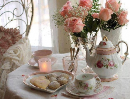 Time for tea - candle, flowers, roses, tee