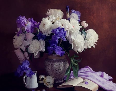 â™¥ white & purple â™¥ - peonies, irises, flowers, still life, teapot