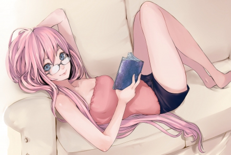 Megurine Luka - glasses, shirt, blue eyes, long hair, pink hair, reading, book, lovely, anime girllie, vocaloid, megurine luka, anime, awesome, smile, cute