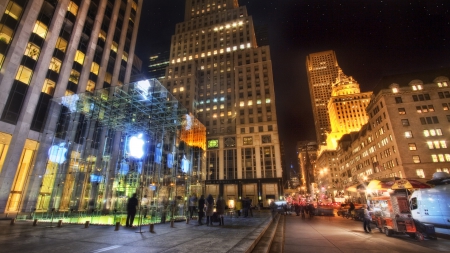 the apple store in manhattan - glass, lights, venders, store, skyscrapers, city, night