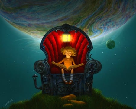 Stories - sofa, child, book, space, fantasy, read