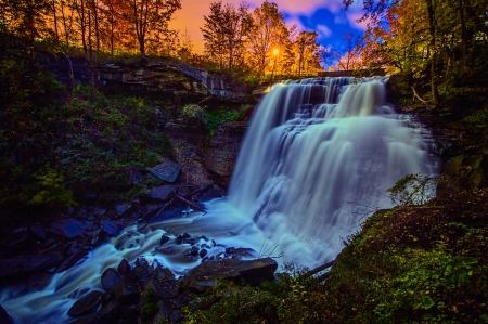 Brandywine Falls, Ohio - trees, sunset, water, cliff, forest, rocks