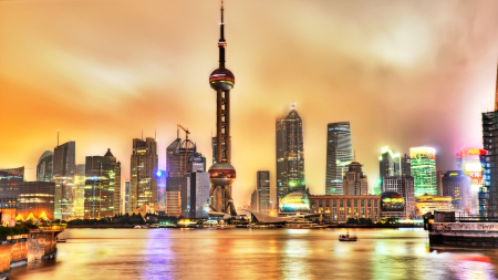 fantastic waterfront view of shanghai hdr - clouds, tower, hdr, skyscrapers, waterfront, city