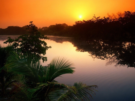 SUNSET OVER BELIZE RIVER - photos, beautiful, landscape, travel, sunrise, naturescape, river, sunset, nature, twilight, sky