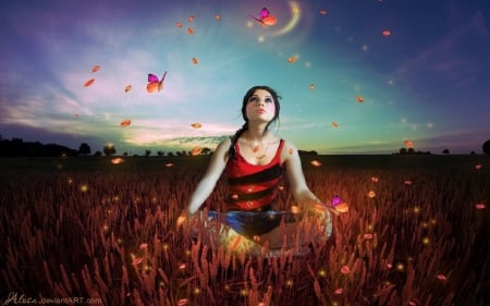 Dreams of Hope - people, attractions in dreams, female, creative pre-made, butterflies, dress, grass, photomanipulation, emotional, beautiful girls, butterfly designs, softness beauty, fields, backgrounds, digital art, weird things people wear, hair, nature, model, love four seasons, animals