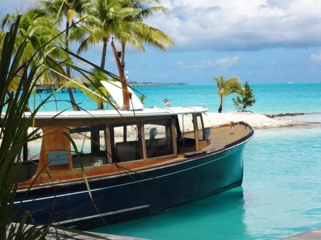 Four Seasons Resort Boat at Tropical Paradise Island Bora Bora Polynesia - beach, trees, paradise, polynesia, french, bora bora, atoll, lagoon, south, sand, boat, ocean, islands, tropical, palm, exotic, blue, society, island, sea, tahiti