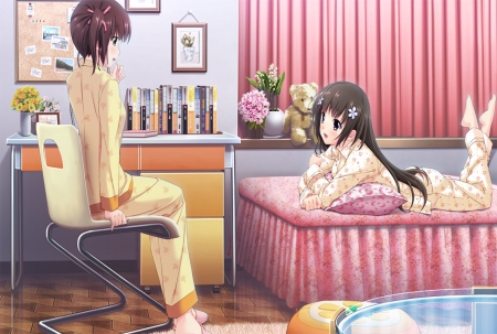 Iori & Yui - girls, pajamas, game, room, bedroom, cg