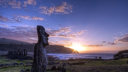 wondrous moai figures on easter island - figures, clouds, island, sunset, sea