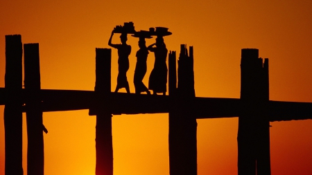 fantastic women's silhouete on a bridge at sunset - women, silhouete, orange, sunset, bridge