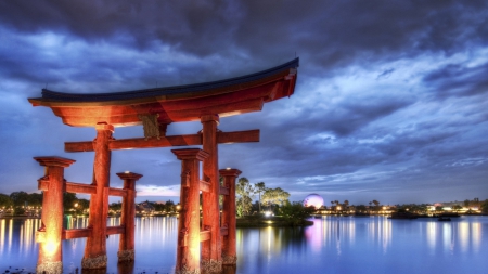 wonderful chinese architecture in a lake - architecture, lake, dusk, clouds