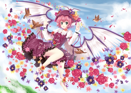 Touhou - anime, birds, beautiful, girl, beauty, colors, flower, pink, flowers, succubus, purple, red, sky