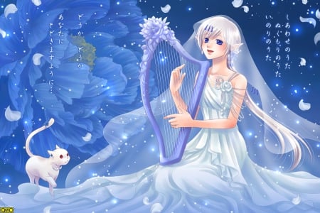 Singing Harp - hot, whitge hair, anime girl, elegant, musician, petals, silver hair, sexy, lady, long hair, kitten, divine, arts, floral, beautiful, sweet, dress, happy, nice, beauty, female, fantasy, gorgeous, pretty, anime, messages, cute, maiden, cat, girl, harp, kitty, gown, lovely, text, abstract, sublime, smile, words, blonde, flower