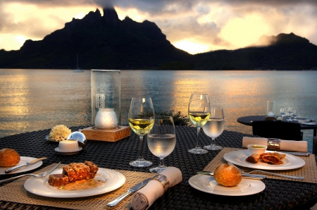 Evening Dusk Twilight Dinner overlooking Mount Otemanu Bora Bora Polynesia - bora bora, french, dinner, beach, islands, ocean, mount, eat, table, food, tahiti, two, sunset, exotic, paradise, tropical, south, evening, polynesia, otemanu, sun, set, sand, lagoon, dusk, pacific, island, wine, sea, twilight