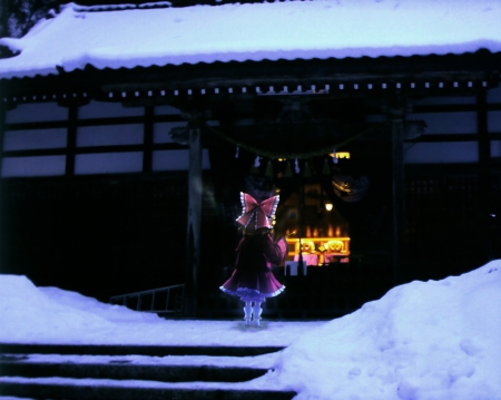 Snowy Day - anime, hakurei, female, snow, light, home, dark, shrine, touhou, reimu, hakurei reimu, house, anime girl, winter, girl, glow, building