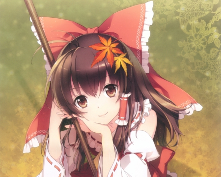 Hakurei Reimu - cute, hakurei reimu, hot, anime girl, girl, ribbon, touhou, pretty, kawaii, sweet, brown hair, anime, long hair, reimu, nice, brown eyes, lovely, sexy, female