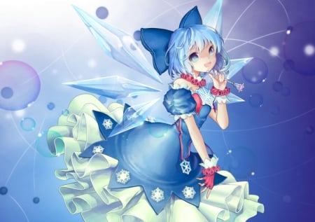 Cirno - nice, female, hot, wings, anime girl, touhou, sparks, pretty, anime, ribbon, cute, short hair, sexy, girl, adorable, gown, lovely, glow, blue hair, kawaii, wing, sweet, fairy, cirno, dress