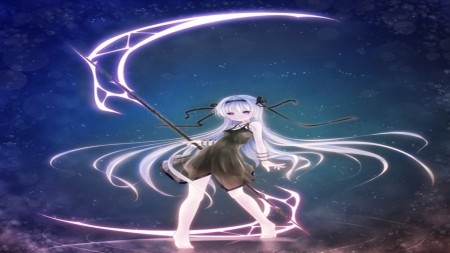 Purple Scythe - anime, blue, beautiful, dress, girl, deep blue, beauty, light, sweet, dark, black, purple, woman, cute